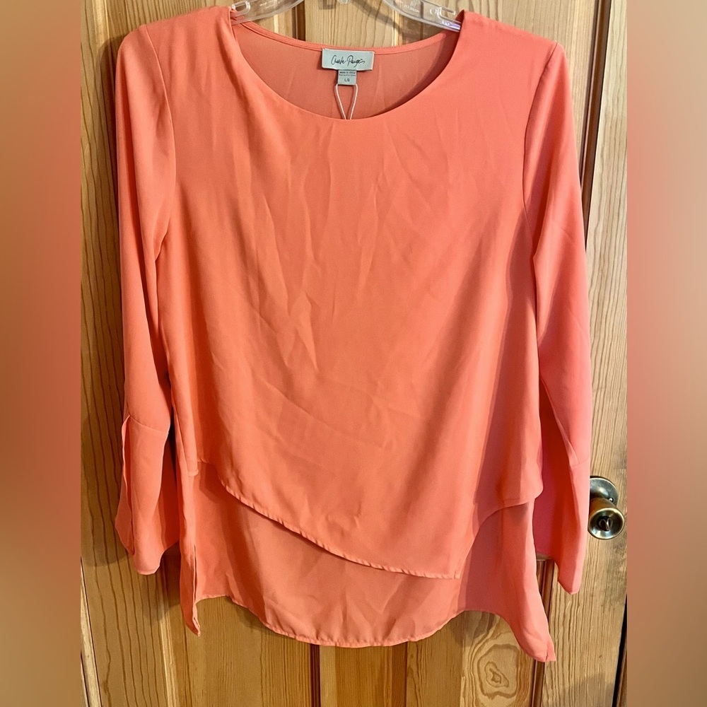 Charlie Paige Coral Layered Chiffon Blouse Size Large Loose Flowy Dressy Casual